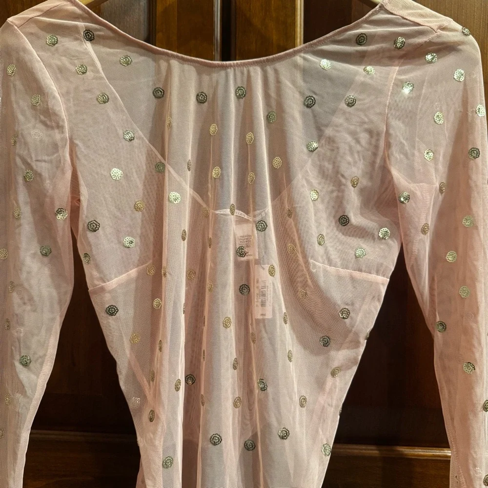 NWT Victoria’s Secret Bodysuit Sheer Peach Gold Sequin Dots Size M
